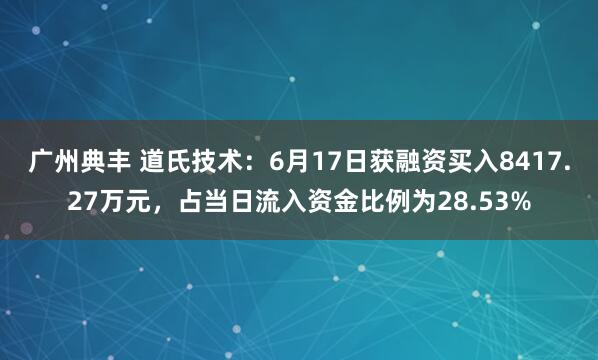 广州典丰 道氏技术：6月17日获融资买入8417.27万元，占当日流入资金比例为28.53%